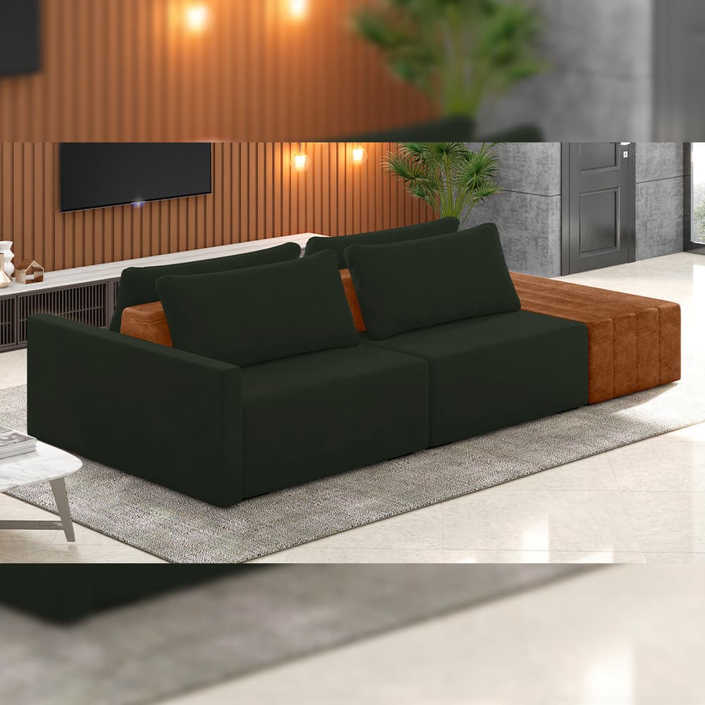 Sofá Ilha Modular Para Sala 252cm com Puff Dublin K01 Veludo Verde Sintético Caramelo - Lyam Decor