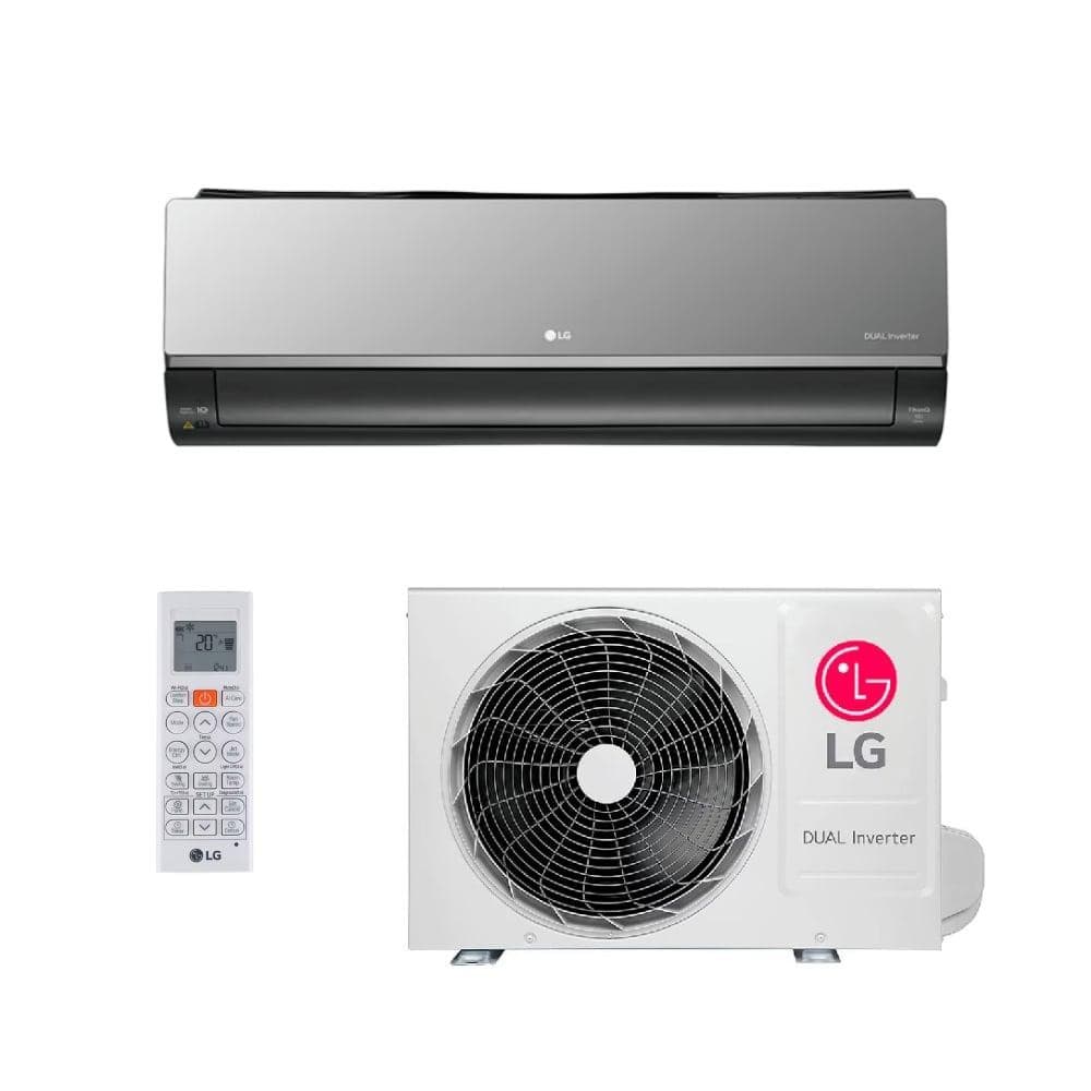 Ar Condicionado Split Dual Inverter LG com controle remoto, unidades interna e externa, fundo branco.