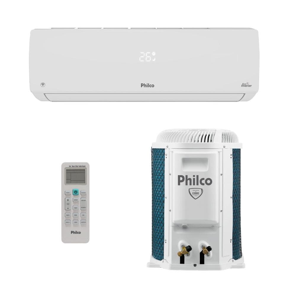 Ar condicionado split Philco 24000 BTUs, evaporador branco e azul, controle remoto, fundo branco