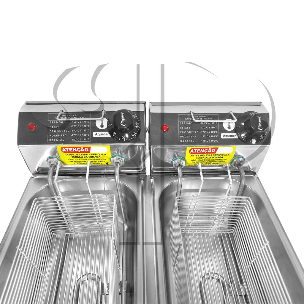 Fritadeira industrial elétrica 6L 2 Cubas Master Inox, aço inoxidável, controles de temperatura, cestos removíveis, fundo branco