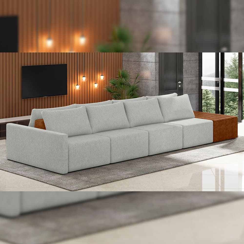 Sofá Ilha Modular Para Sala 432cm com Puff Dublin K01 Linho Cinza Sintético Caramelo - Lyam Decor
