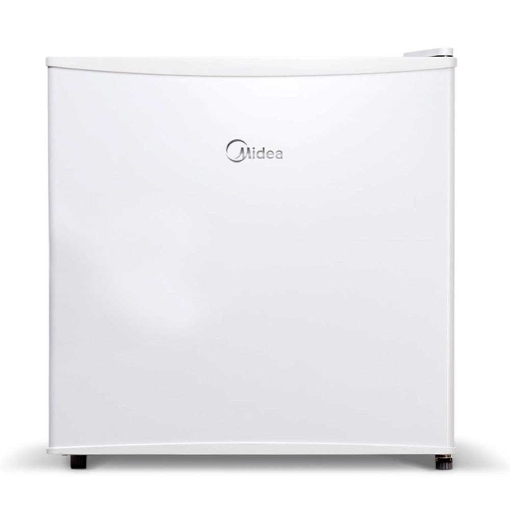 Frigobar branco Midea MRC06B2, 45 litros, ângulo frontal, fundo branco, design compacto