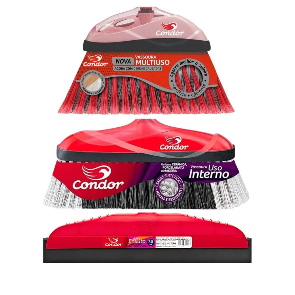 Kit limpeza Condor com vassoura varre fácil, vassoura multiuso e rodo 30 cm