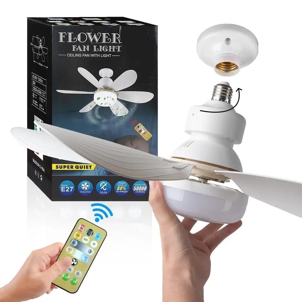 Ventilador de teto com luz Flower, controle remoto, instalação, hélice branca, caixa com informações