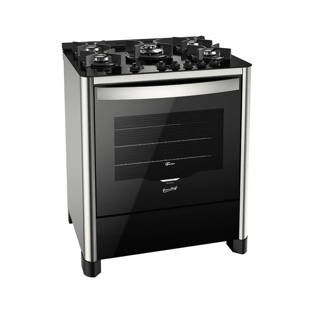 Fogão de Piso a Gás Fischer 5 Bocas Tripla Chama Gran Cheff com Mesa Vidro Preto com Aço Inox