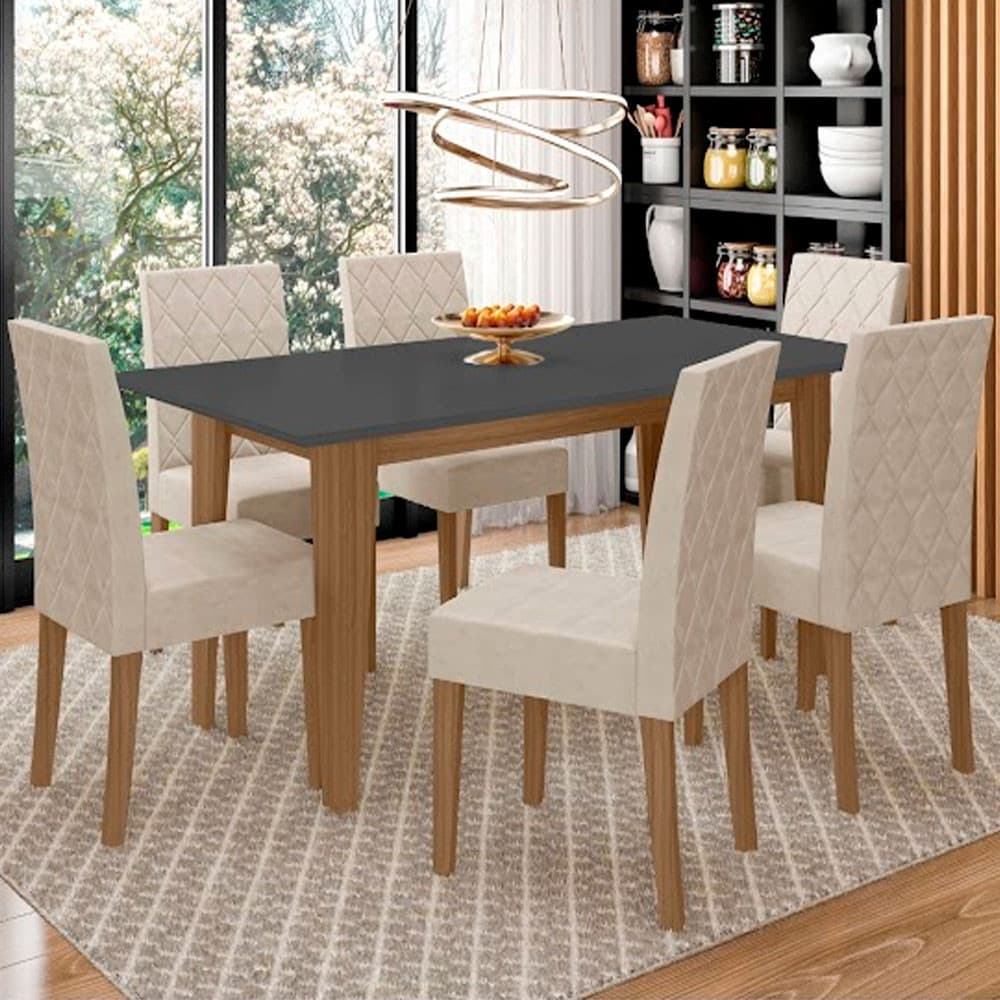 Conjunto de mesa de jantar com seis cadeiras estofadas em Jade Poliman, tampo chanfrado preto