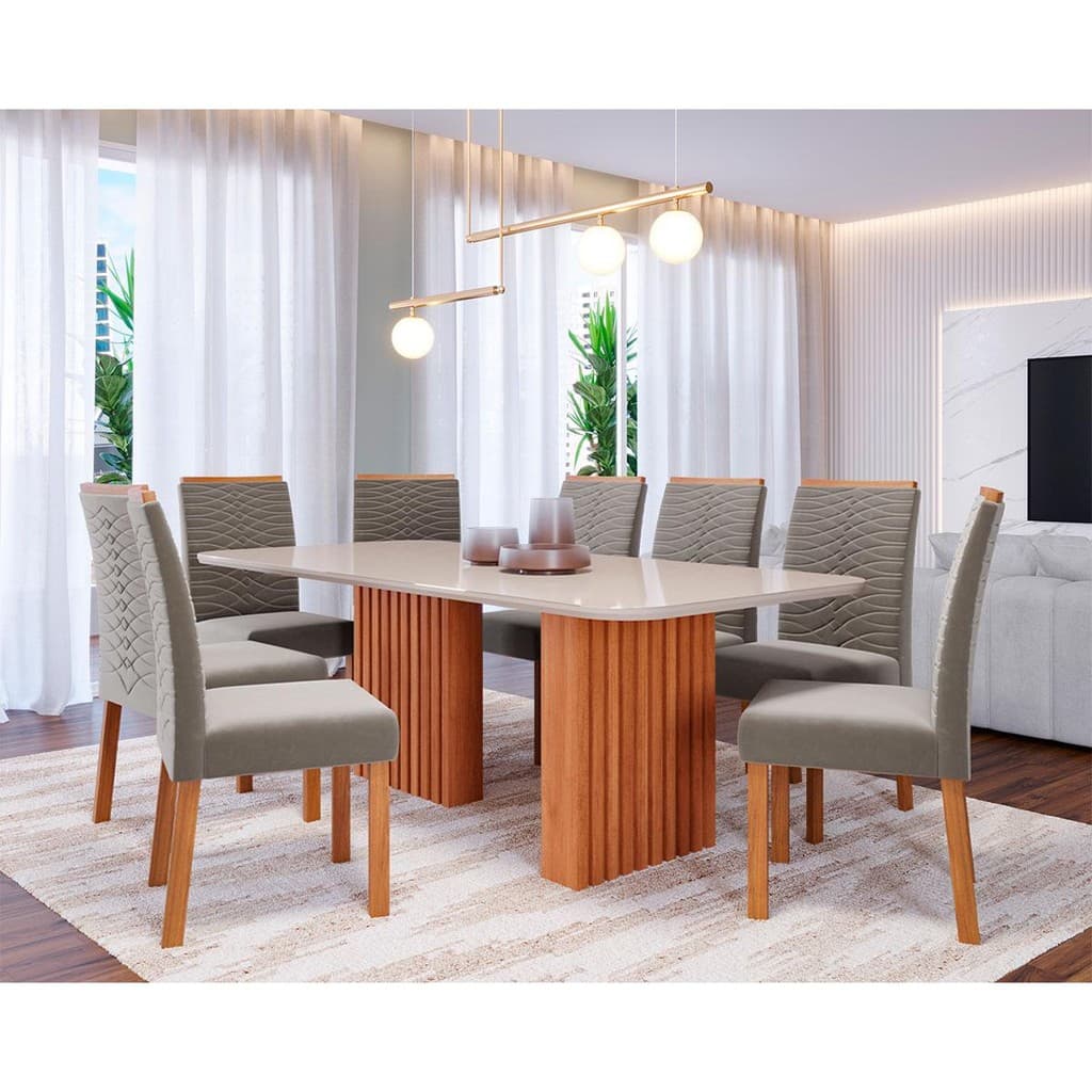 Conjunto de mesa de jantar com tampo de vidro off-white e oito cadeiras cinza com pernas de madeira