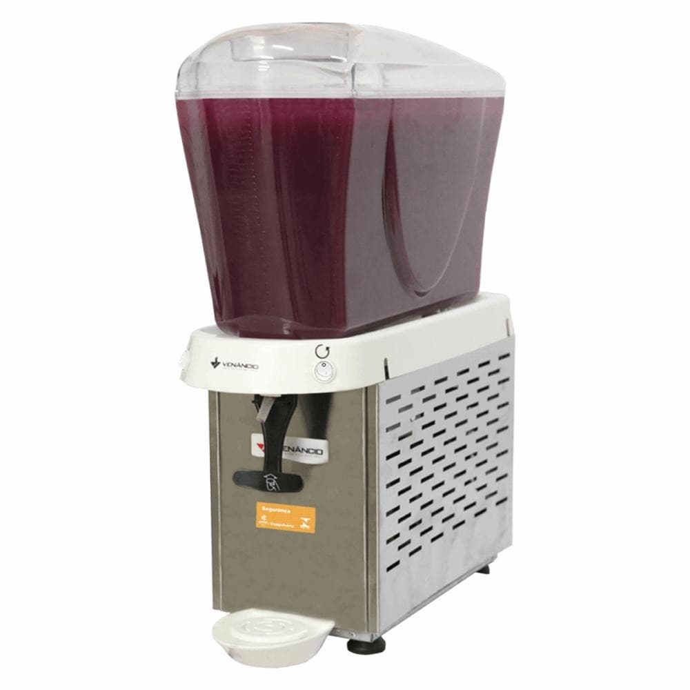 Refresqueira Venâncio em aço inoxidável com reservatório de 16L, contendo líquido roxo, contra fundo branco