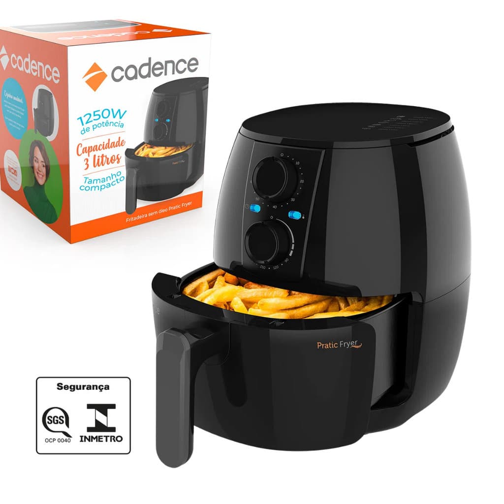 Fritadeira elétrica sem óleo Cadence 3 litros preta com fritas no interior
