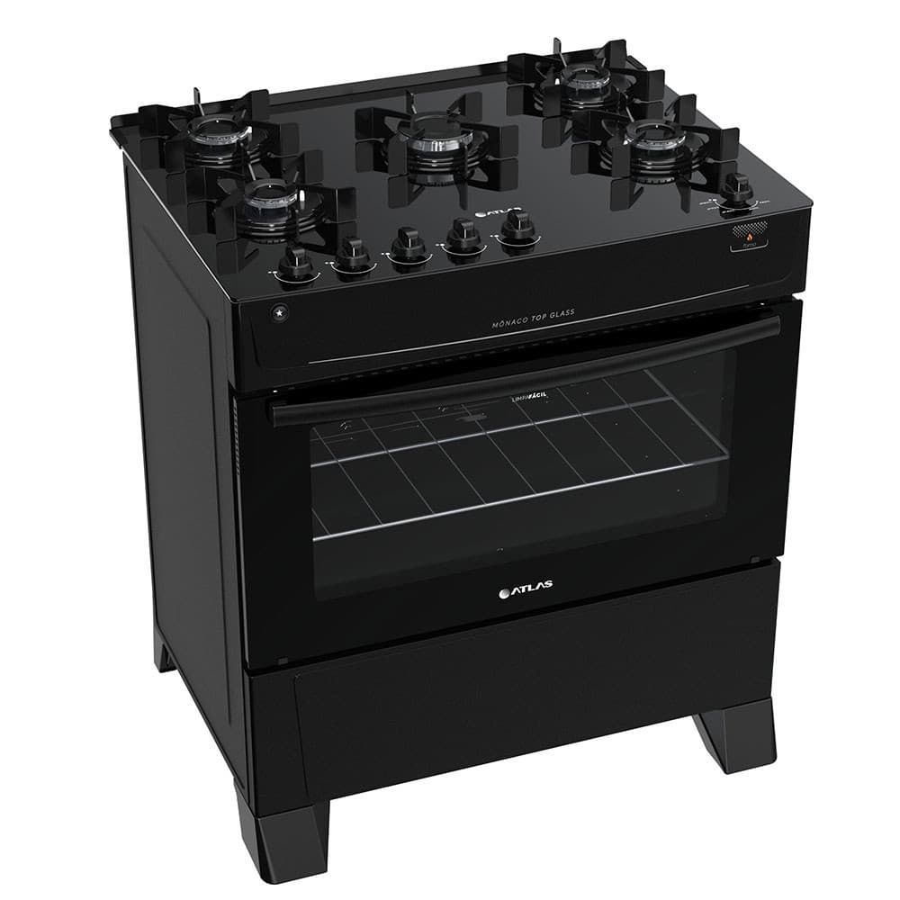 Fogão a gás Atlas 5 bocas com mesa de vidro preto, forno e controles pretos