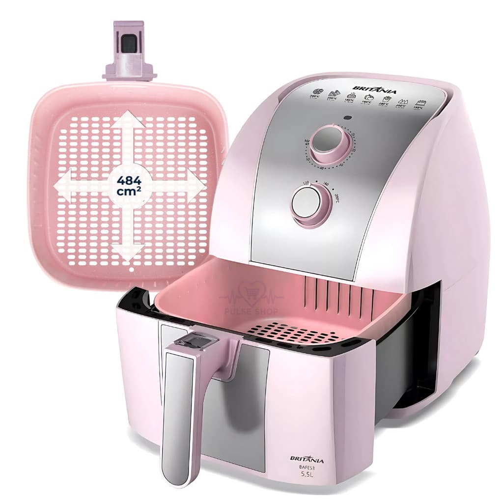 Fritadeira de ar Britânia 5,5L sem óleo, revestimento PinkStone, rosa, controles rosa e cinza, logotipo Britânia