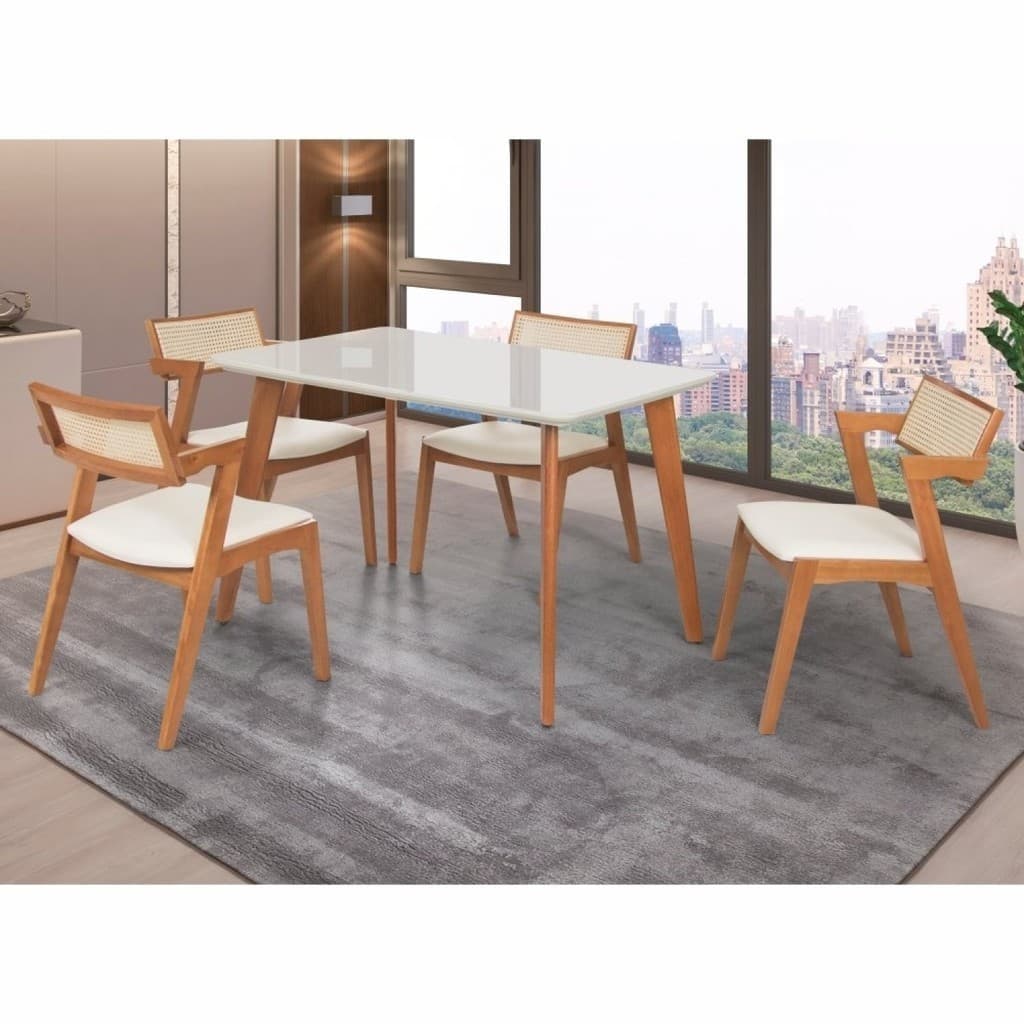 Conjunto Mesa Verona Tampo Off White com 4 Cadeiras Madeira Maciça, Estofada e Rattan de Fibra 100% Natural Verona
