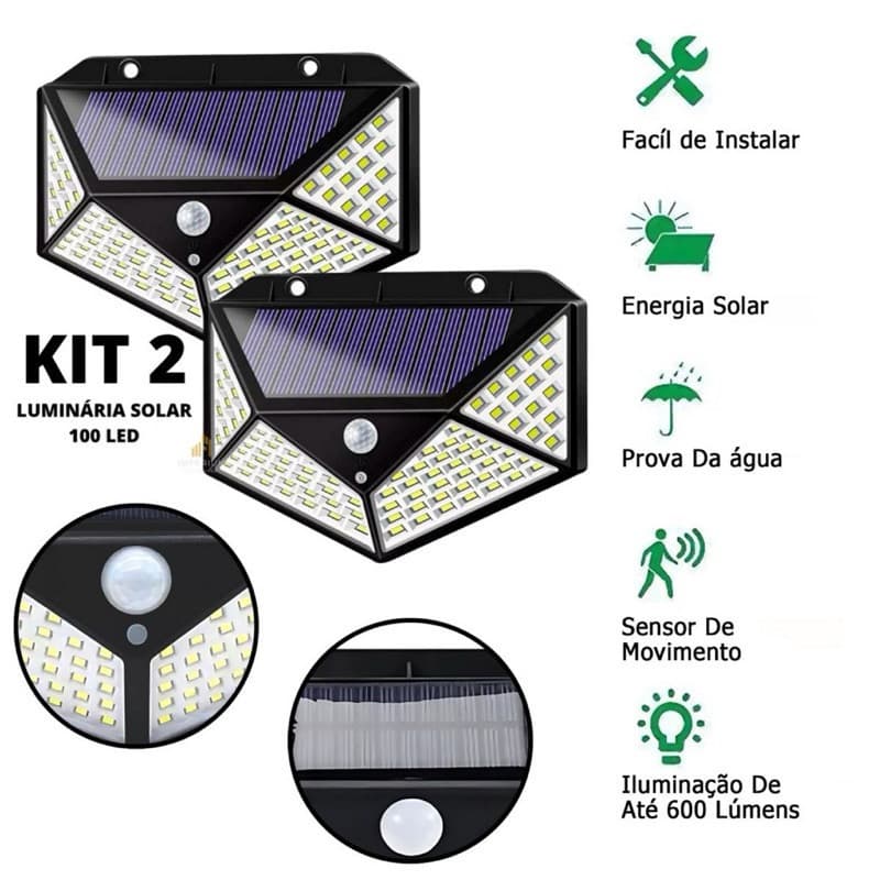 Kit 2 Luminárias Solares 100 LED com Sensor de Movimento à Prova d'Água