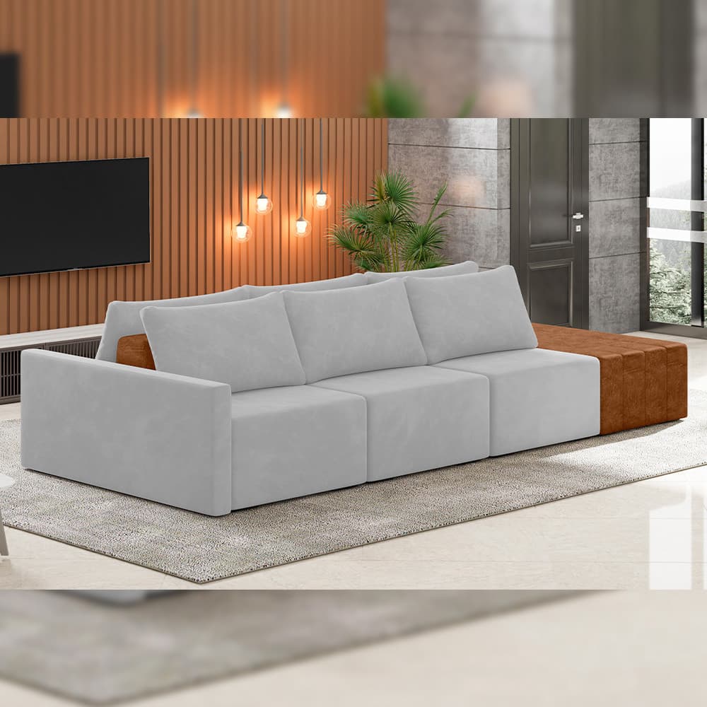 Sofá Ilha Modular Para Sala 312cm com Puff Dublin K01 Veludo Cinza Sintético Caramelo - Lyam Decor