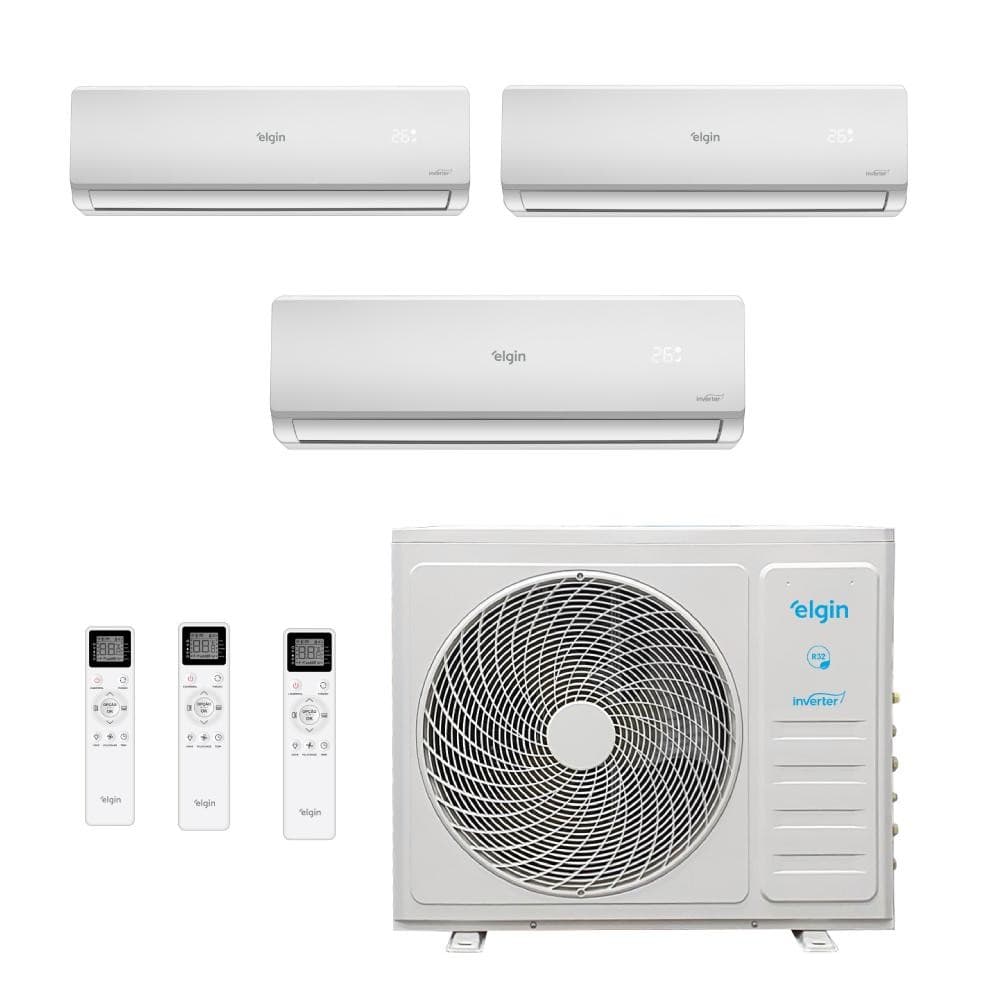 Ar Condicionado Tri Split Inverter Elgin Total Plus 27000 BTUs com três unidades externas e uma interna