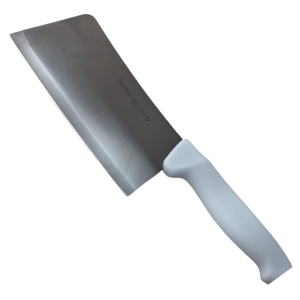 Faca de carne branca com cabo cinza em fundo branco