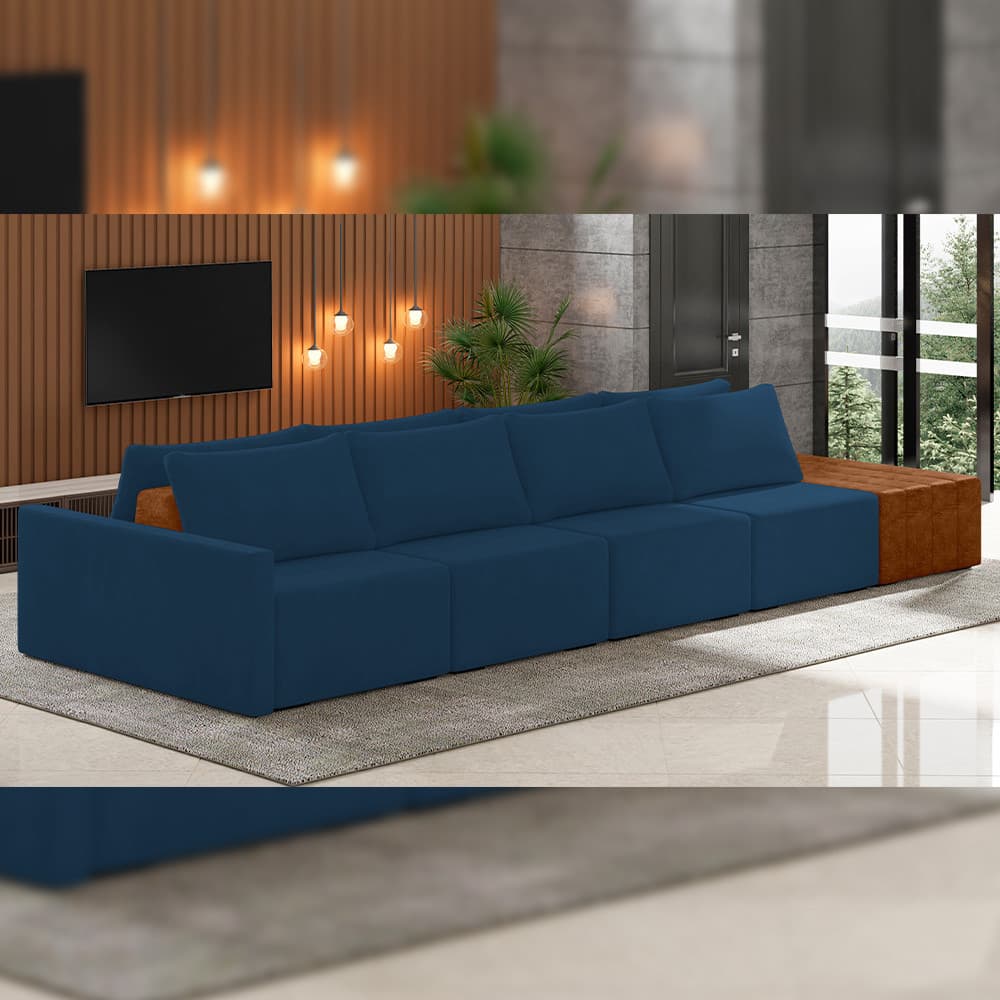 Sofá Ilha Modular Para Sala 392cm com Puff Dublin K01 Veludo Azul Sintético Caramelo - Lyam Decor
