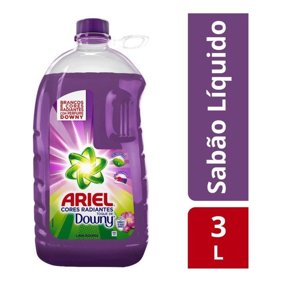 Sabão Líquido Ariel Cores Radiantes Toque de Downy 3L, frasco púrpura com tampa rosqueável, fundo branco.