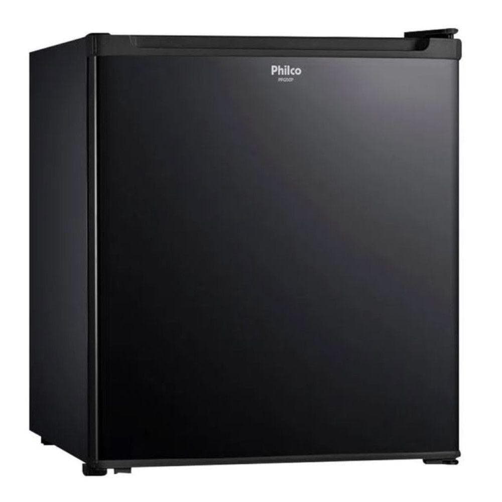 Frigobar Philco PFG5P 6 Níveis de Ajustes 45 Litros 1400W, cor preta, ângulo frontal.