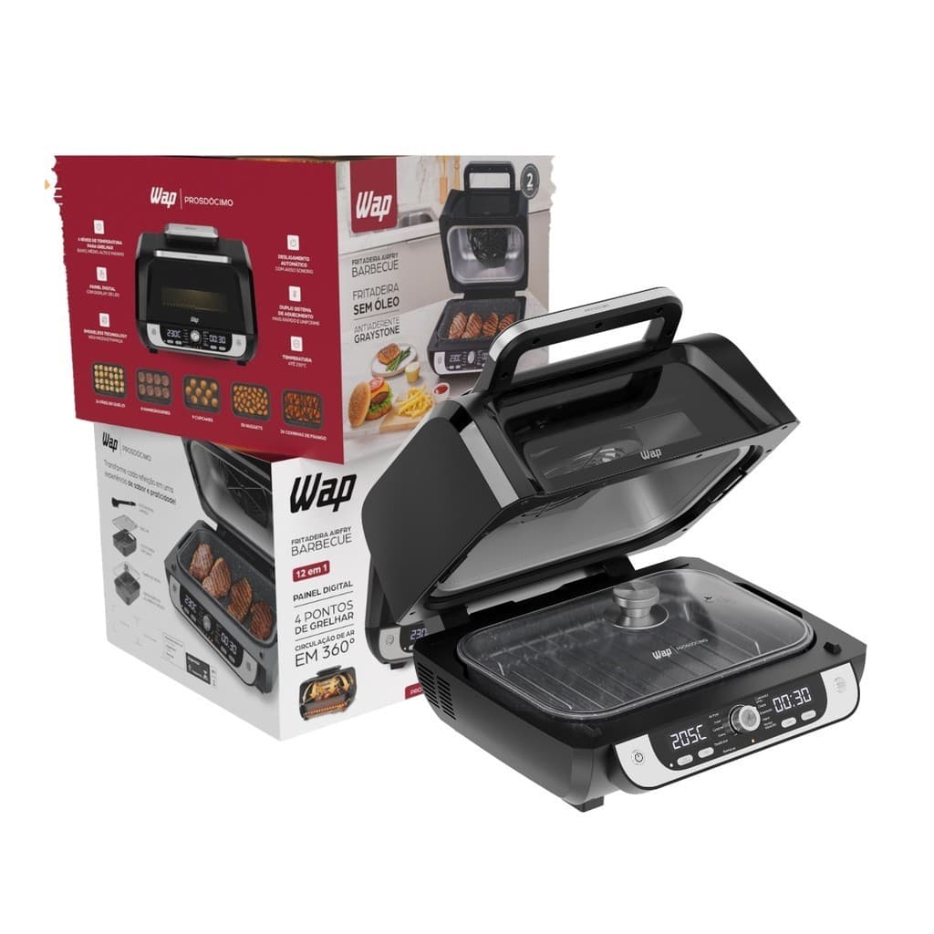Fritadeira Air Fryer Digital Eletrica 12 em 1 Barbecue Wap Prosdócimo, preta e prata, aberta