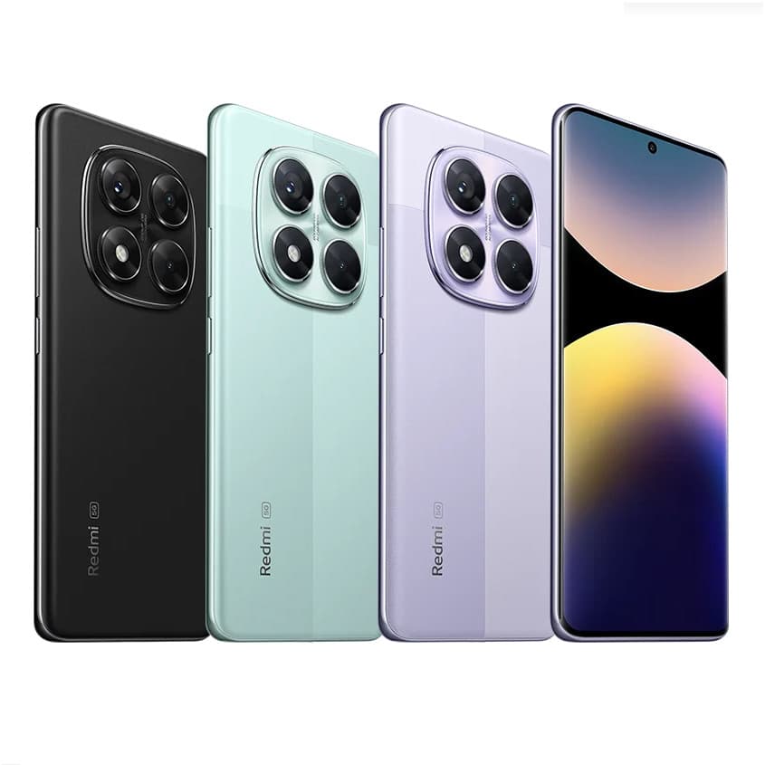 Smartphone Xiaomi Redmi Note 14 Pro 5G em cores preto, verde, branco e roxo, mostrando câmera quadrupla