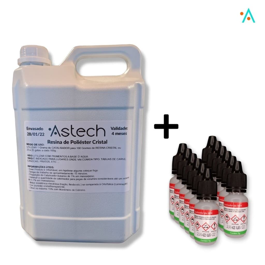 Kit Resina 5KG Cristal ASTECH + Catalisadores | Para Moldes, Madeira e MDF | Viscosidade Média