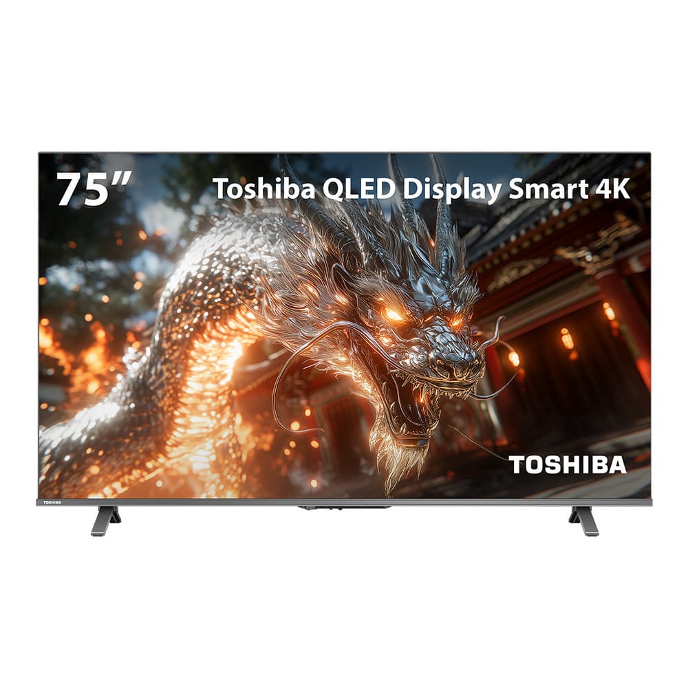 Smart TV QLED 75 4K Toshiba Google TV 4HDMI 2USB Wi-Fi com dragão em chamas no fundo