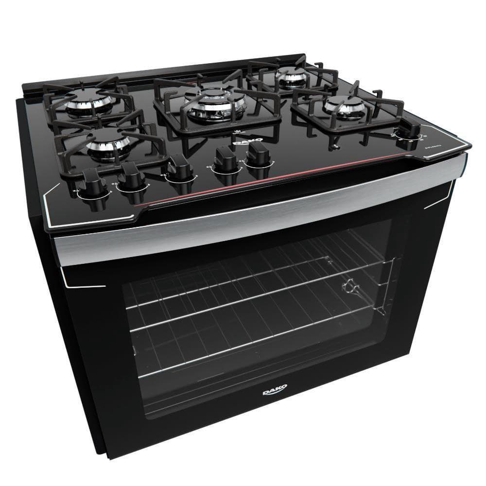 Fogão de Embutir Diplomata 5 Bocas com Mesa de Vidro Dako preto com forno aberto
