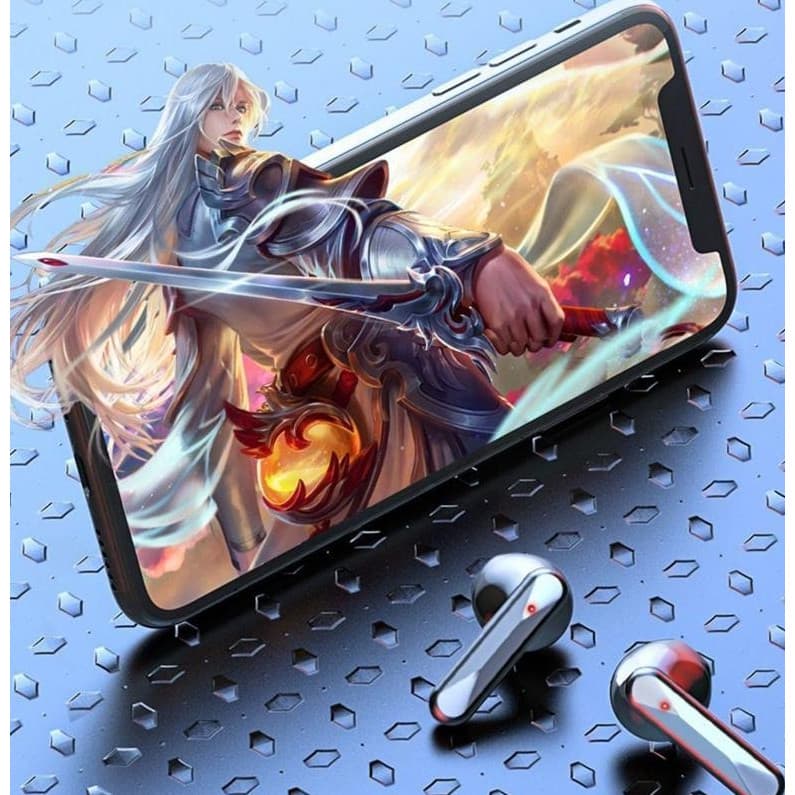 Fones de ouvido intra-auricular S20 Bluetooth 5.2 com smartphone e personagem de anime na tela