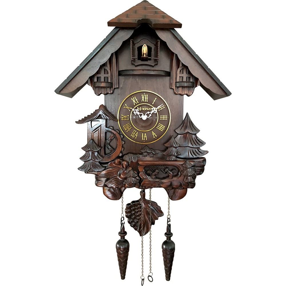 Relógio de parede cuco pendulo musical com detalhes em madeira escura e mostrador dourado