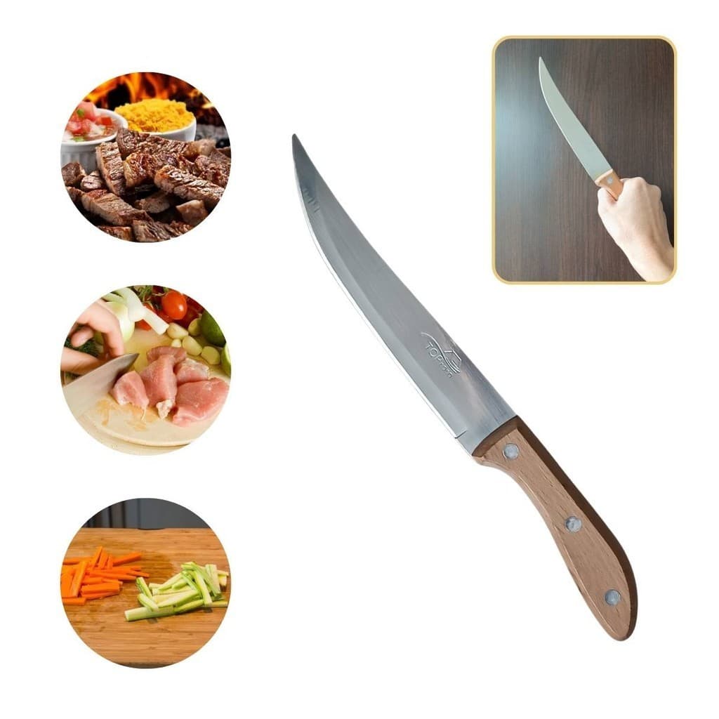 Faca de cozinha curva de 6 polegadas com cabo de madeira, ideal para corte e desossar carne e peixe.