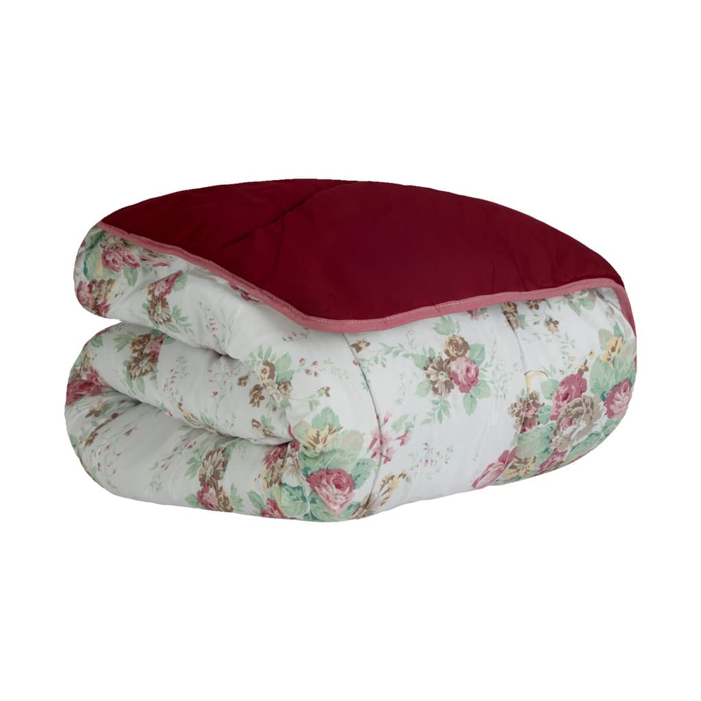 Edredom de casal floral verde e rosa Paco Milano com capa vermelha
