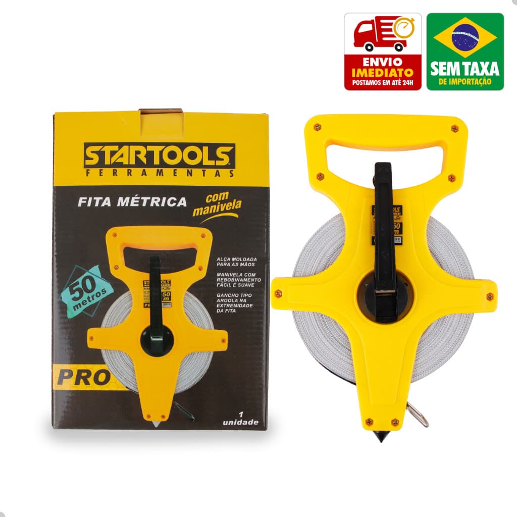 Fita métrica de fibra de vidro Startools, 50 metros, embalagem com informações visíveis, fundo branco
