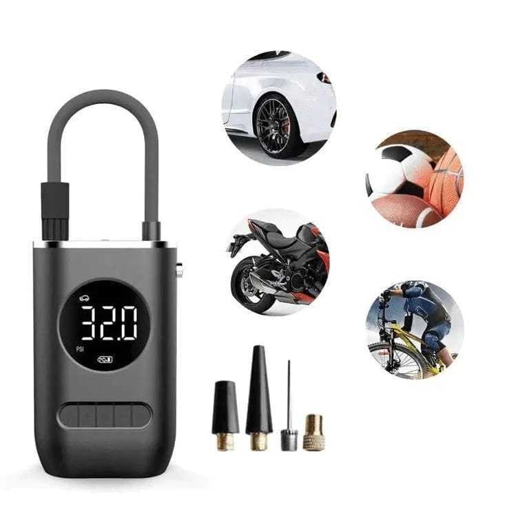 Mini compressor de ar digital portátil USB com display digital, três pontas de válvula e exemplos de uso em carro, moto e bicicleta