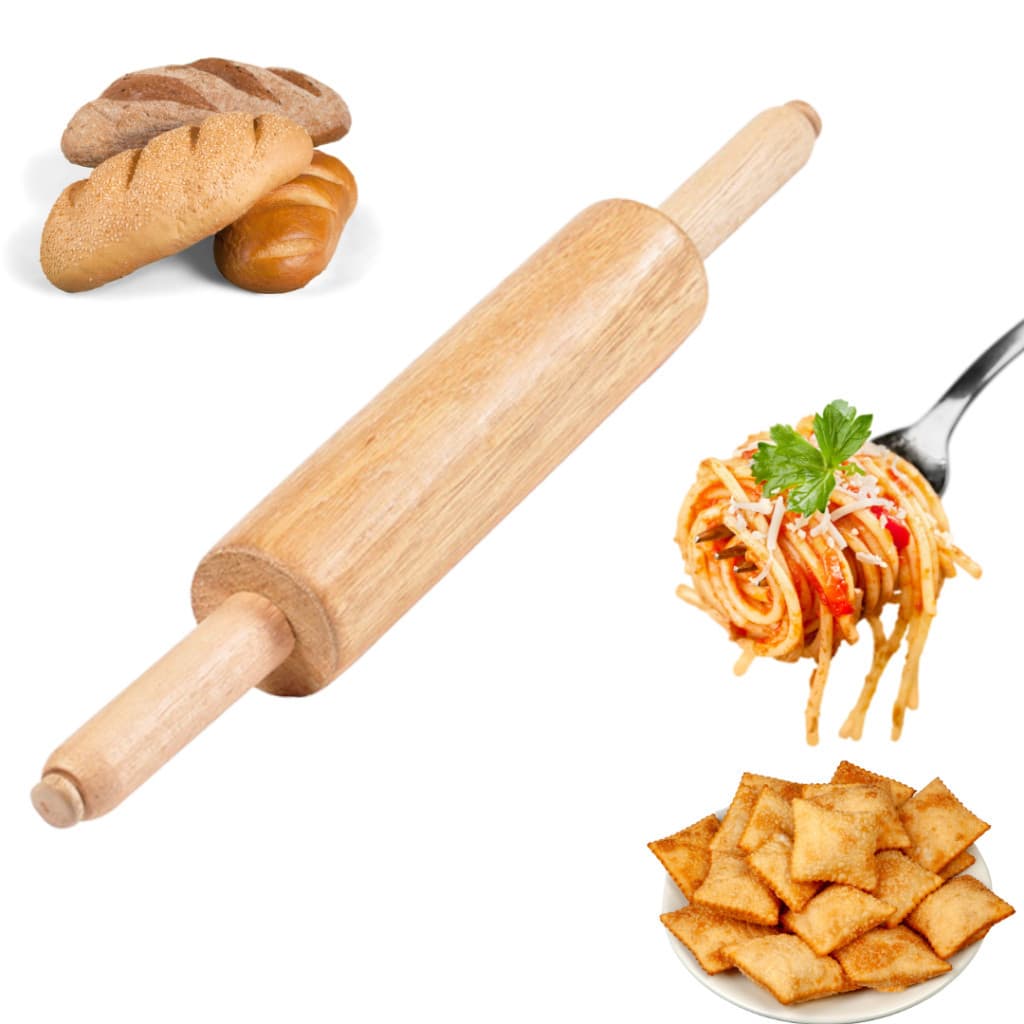 Rolo de massa de madeira com cabo giratório para abrir massas, acompanhado de espaguete, pão de queijo e pão de forma.