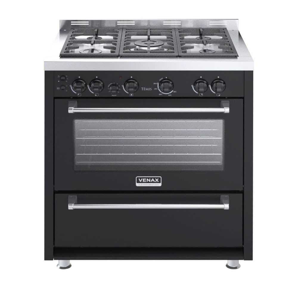 Fogão a gás Venax Temis 5 bocas com mesa de aço inoxidável preto