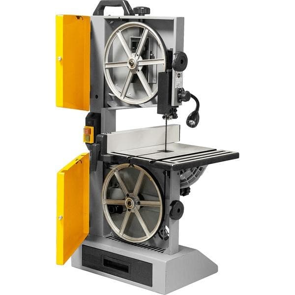 Serra de fita de bancada 9 polegadas 220V SFV090 Vonder, cinza e amarelo, com roda de corte exposto e braço articulado.