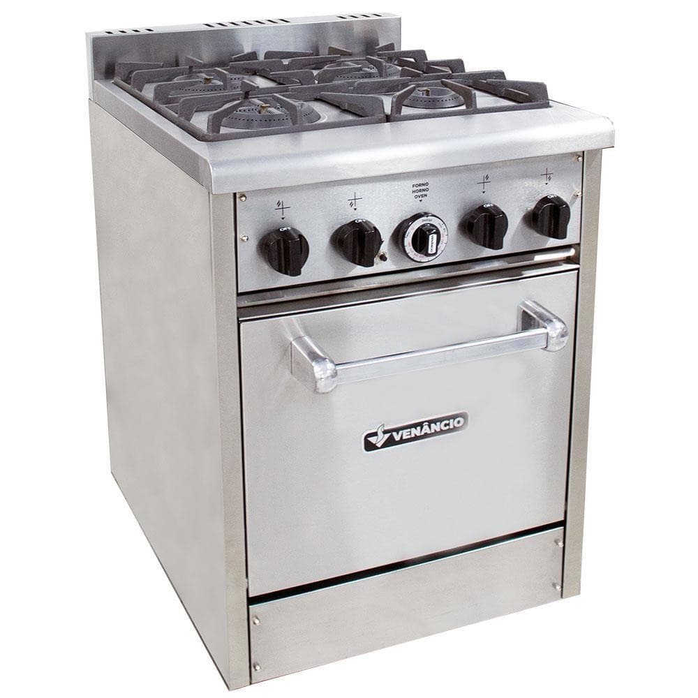 Fogão em aço inoxidável de 4 bocas com forno a gás Venâncio FDB4F