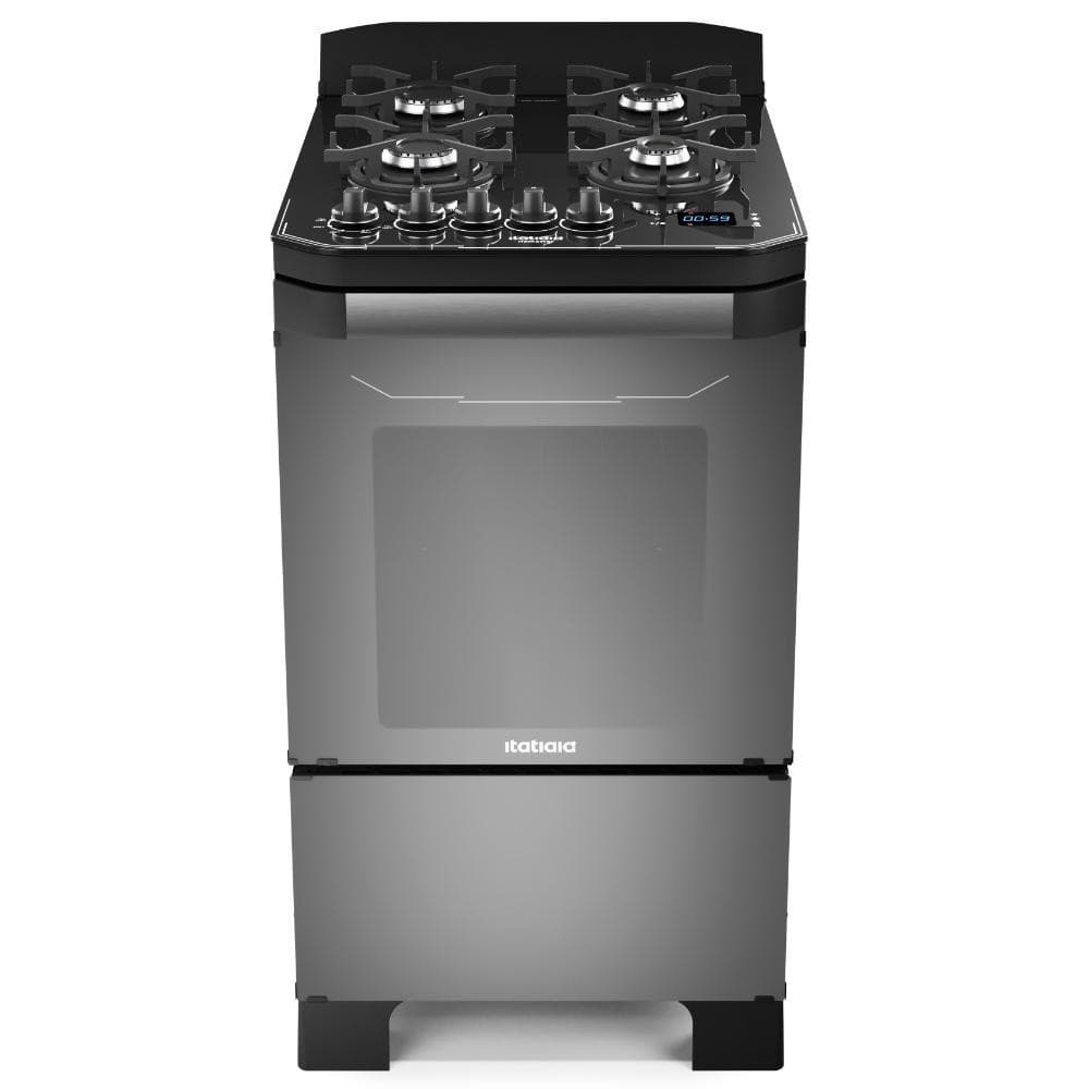 Fogão 4 Bocas Itatiaia Itamaster Digital Preto 127V/220V, com acendimento digital, cor preta, com fundo branco.