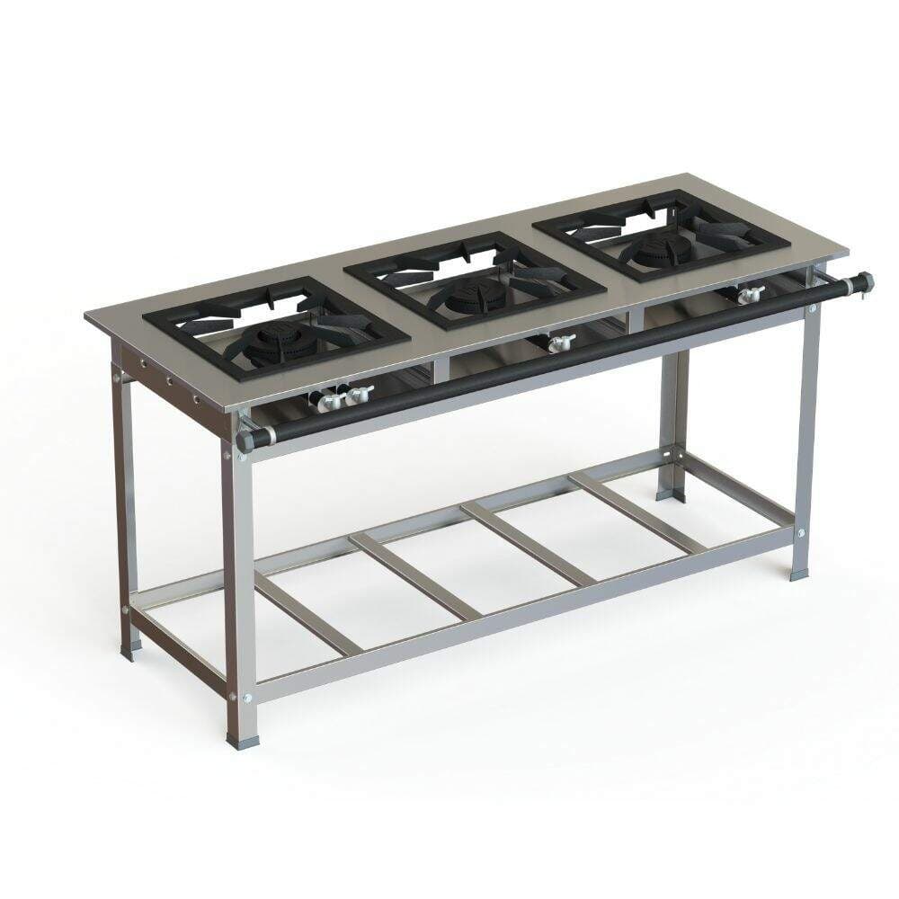 Fogão industrial inox 40x40 P10 3 bocas baixa pressão 2 QS 1 QD JS Martins