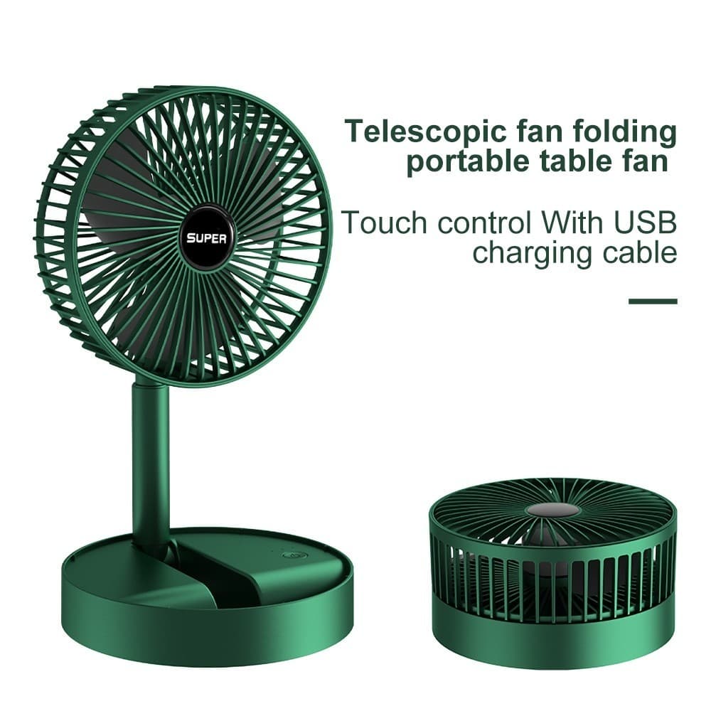Ventilador dobrável e retrátil verde metálico com controle de toque e carregamento USB