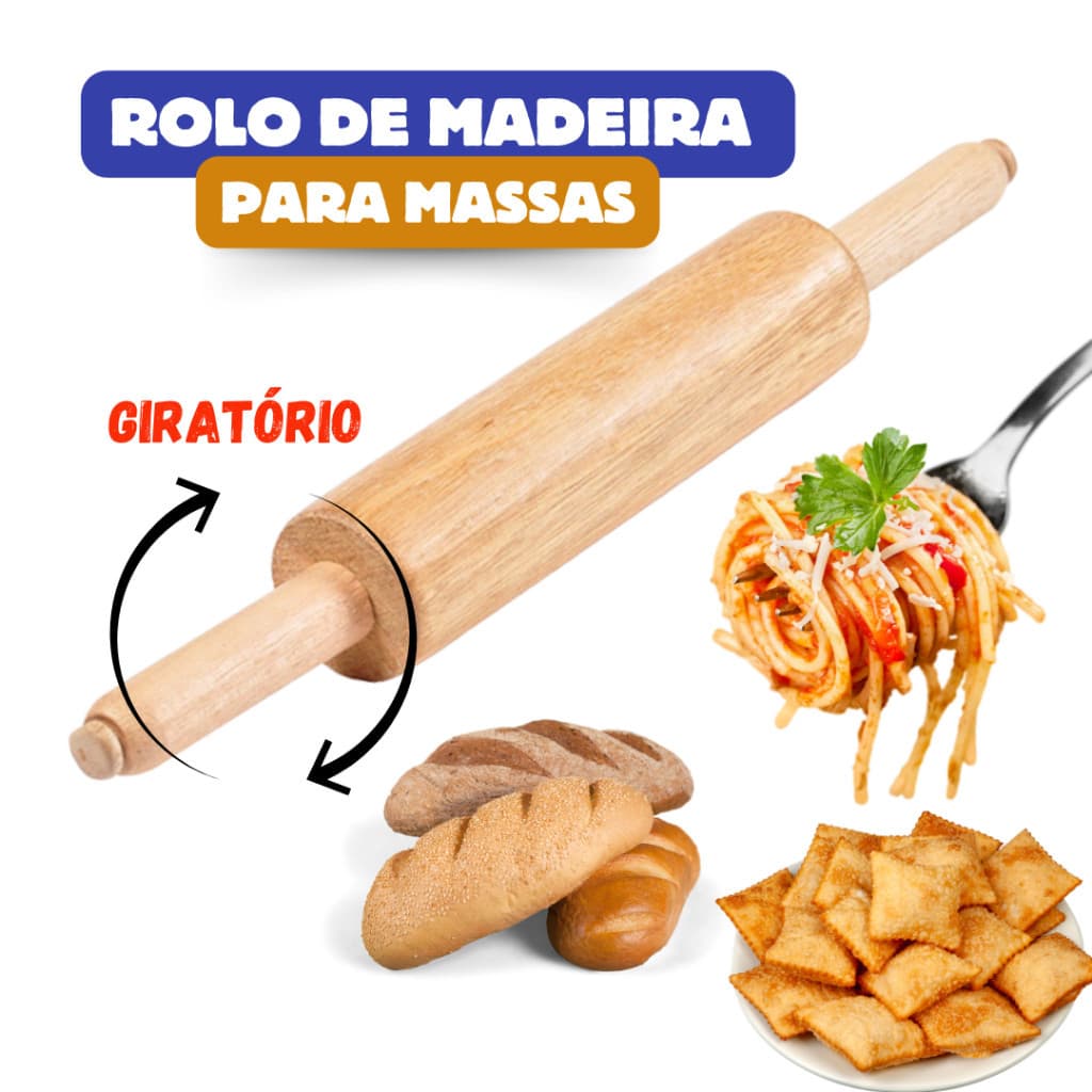 Rolo para Abrir Massas de Madeira Abridor de Cabo Giratorio  Grande Resistente Lasanha Pastel Pao Pau