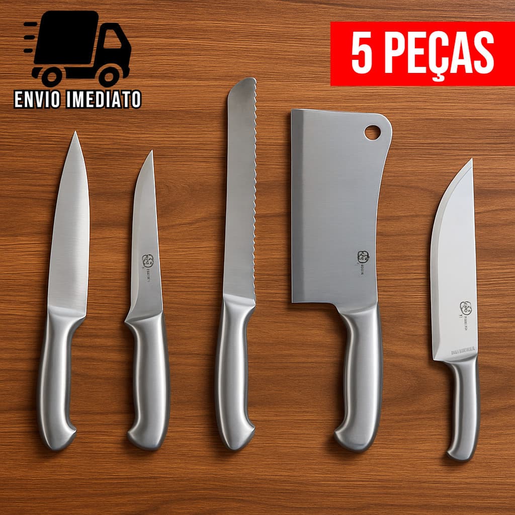 Conjunto de facas profissionais aço inoxidável para cozinha, incluindo faca de pão, cutelo e faca de peixe.