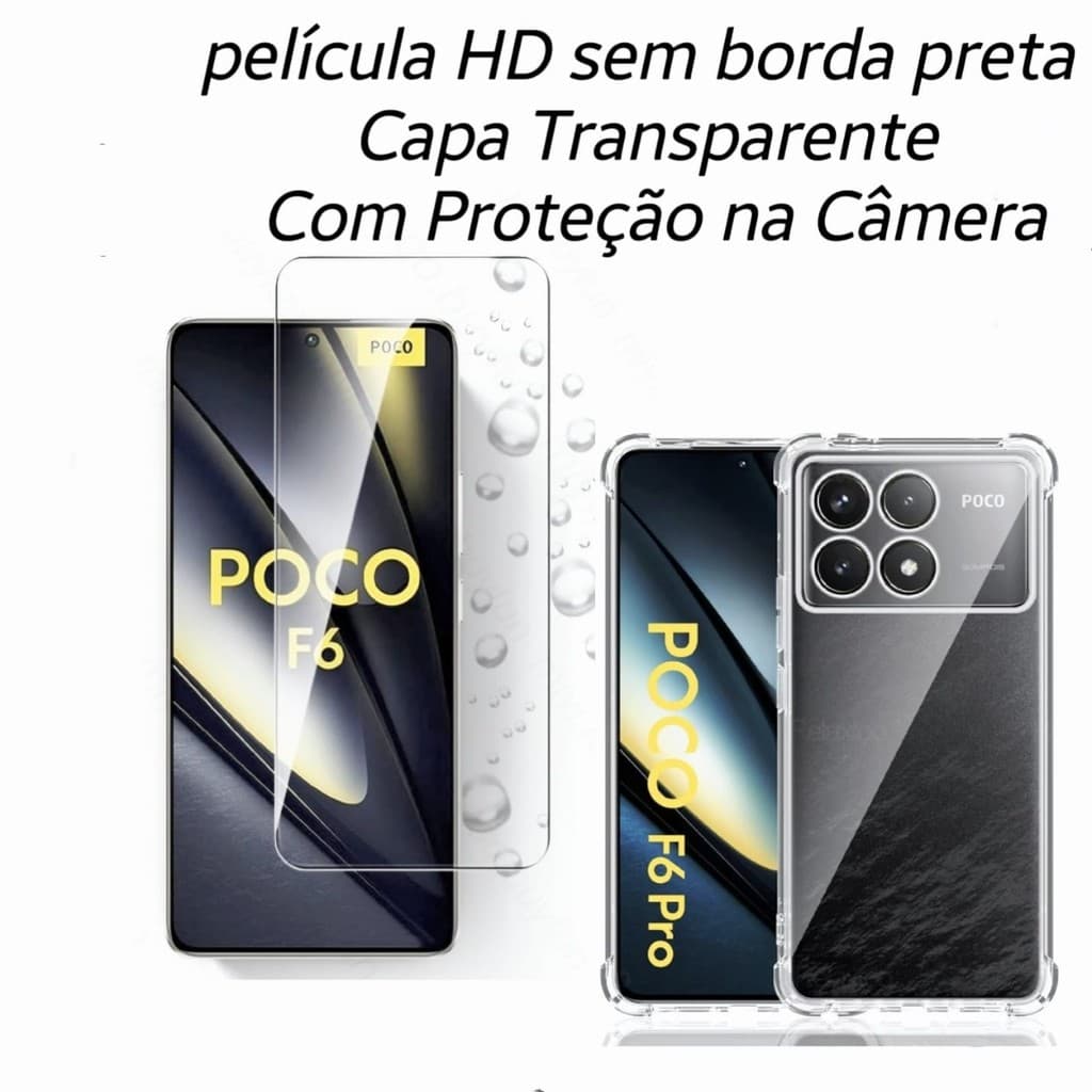 Película HD sem borda preta e capa transparente para Poco F6 e F6 Pro