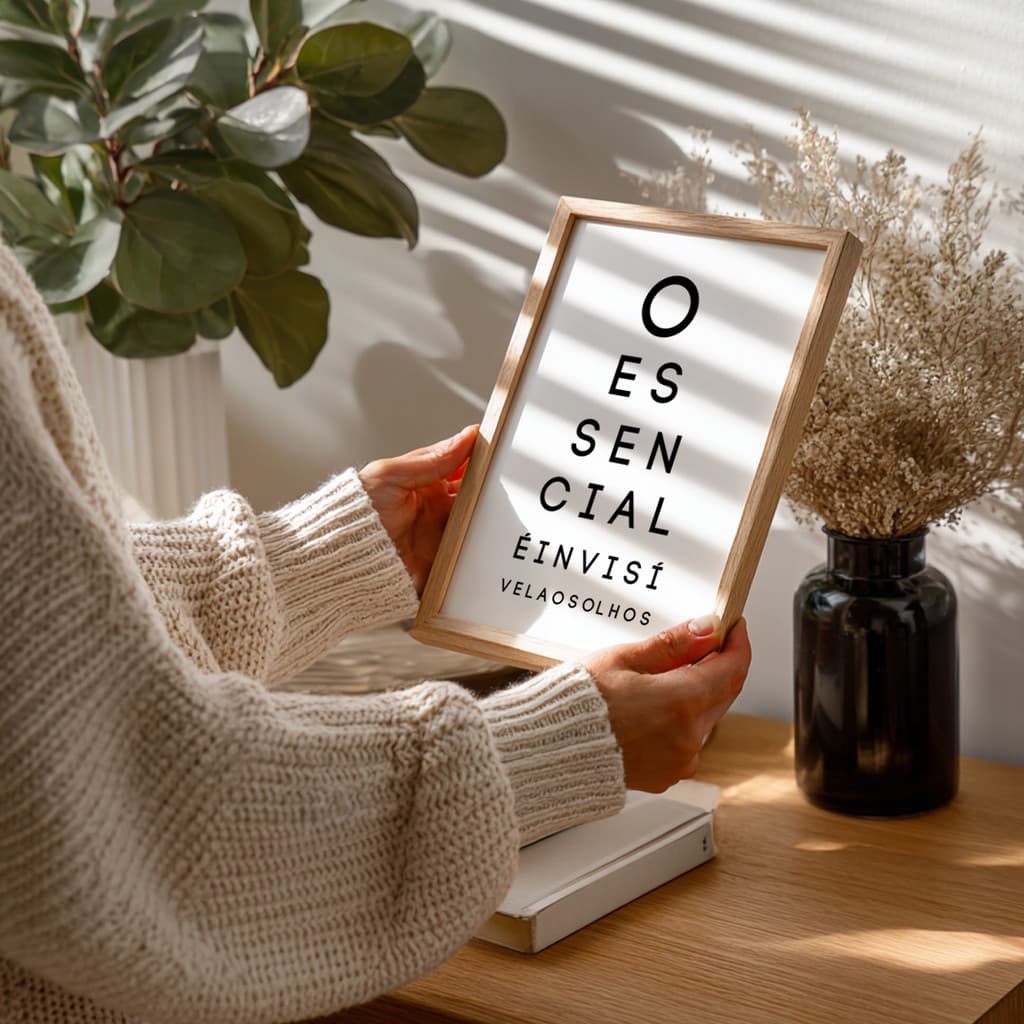 Quadro decorativo branco com texto preto em moldura marrom