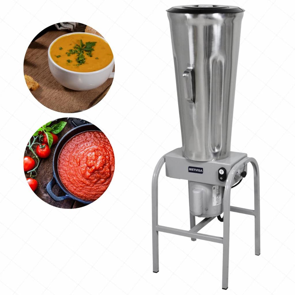 Liquidificador industrial 25 litros com base e tampa em aço inoxidável, receitas de sopa e molho
