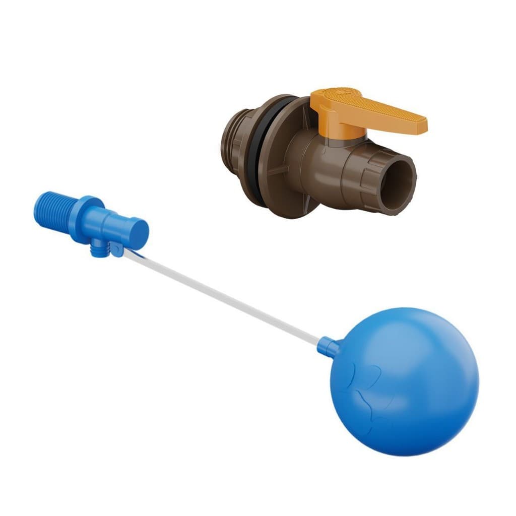 Torneira boia 3/4' com adaptador registro para caixa d'água, boia azul, adaptador marrom, registro amarelo, fundo branco.