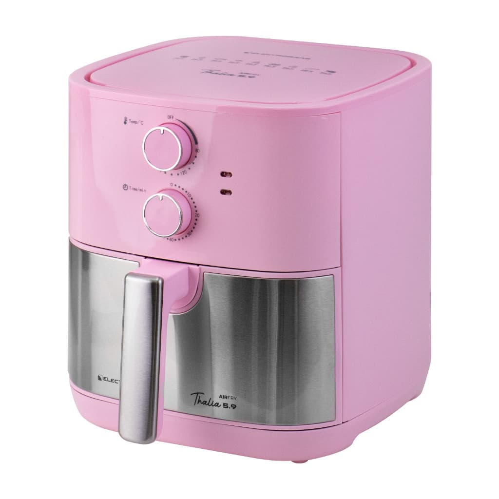 Fritadeira Thalía Airfryer rosa e prata com botões rosas e visor digital