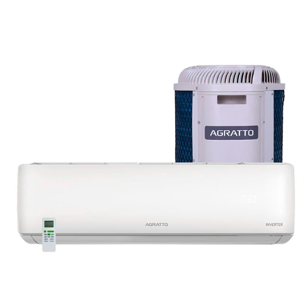 Ar Condicionado Agratto 12000 BTUs Inverter Frio Top LCST12F-02I Ext/Int, aparelho externo branco e azul, aparelho interno branco, texto 'AGRATTO' visível