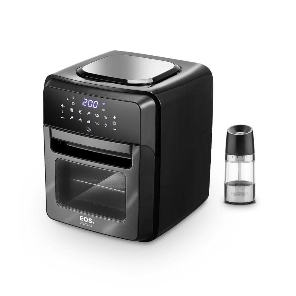 Fritadeira sem óleo EOS com moedor de sal ou pimenta, preto e prata, com visor digital e controles, contra fundo branco